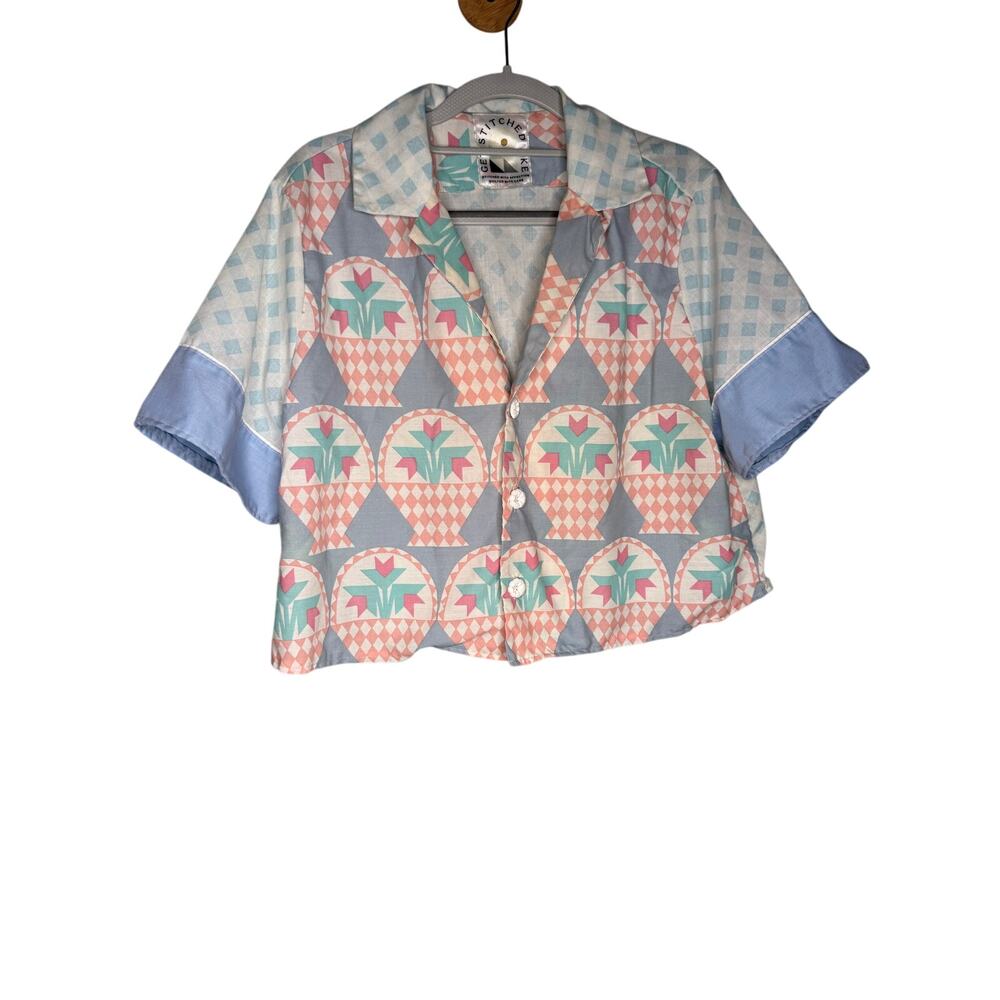 Get Stitched MKE‎ quilted vintage 80s cropped button down blouse